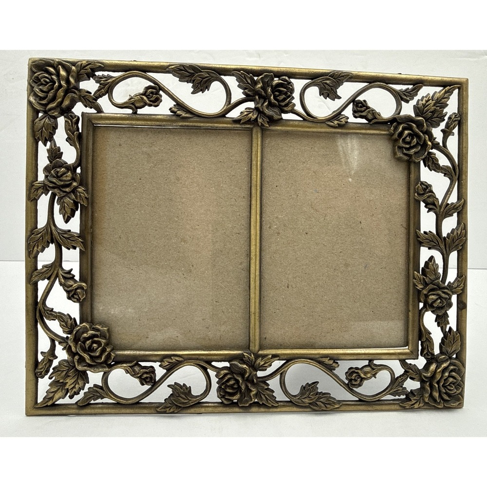 Vintage Brass Rose Picture Frame Ornate Floral Victorian Tabletop